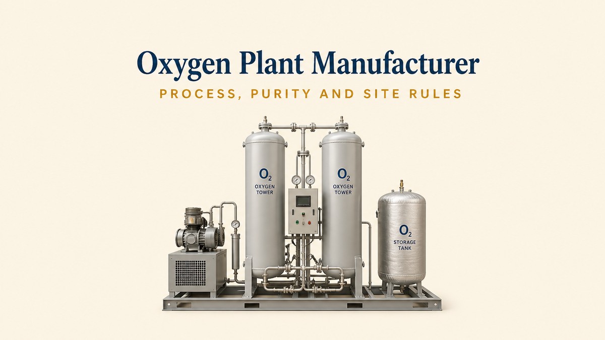 Blog cover showing a skid mounted oxygen plant with two tall steel pressure vessels on a welded frame, a compressor block and an insulated storage tank on a cream background, with a navy serif headline reading Oxygen Plant Manufacturer and an amber subhead reading Process, Purity and Site Rules