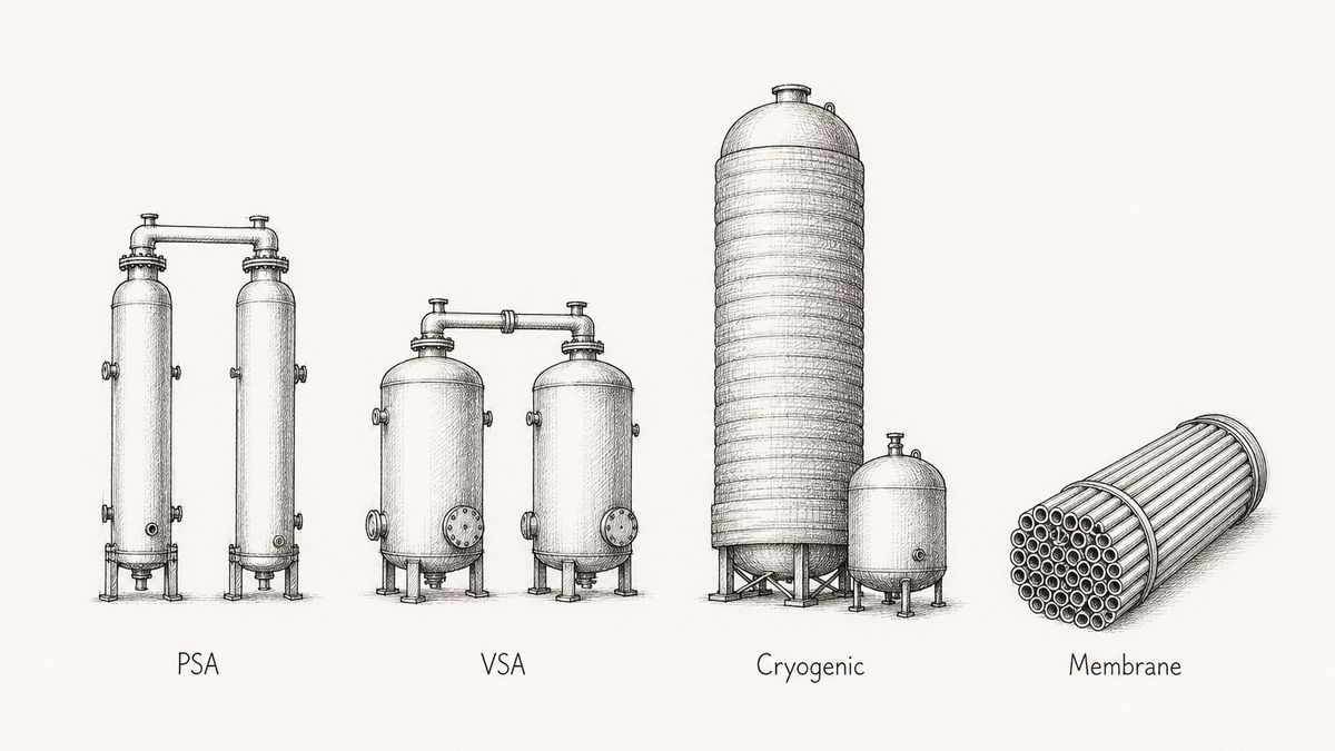 Pen and ink engineering plate showing four oxygen generation processes in one row with a plain label under each reading PSA, VSA, Cryogenic, Membrane
