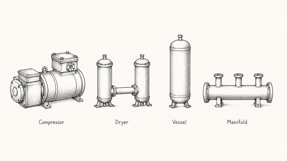 Pen and ink engineering plate showing four parts inside a skid-mounted oxygen plant in one row with a plain label under each reading Compressor, Dryer, Vessel, Manifold