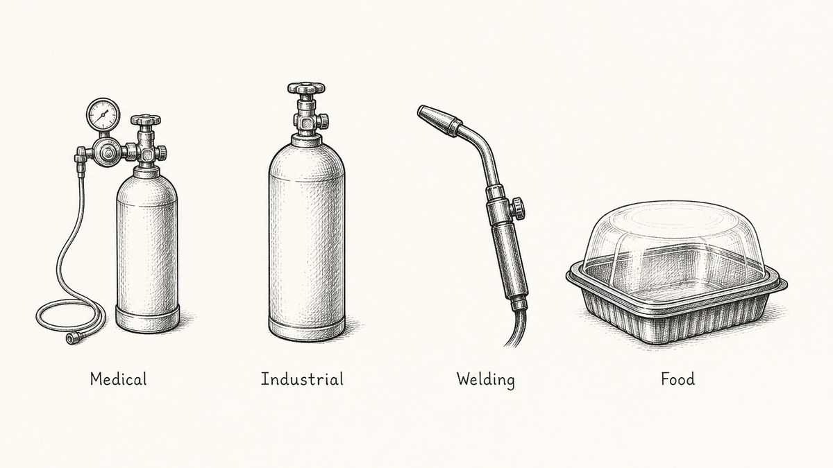 Pen and ink engineering plate showing four oxygen use grades in one row with a plain label under each reading Medical, Industrial, Welding, Food