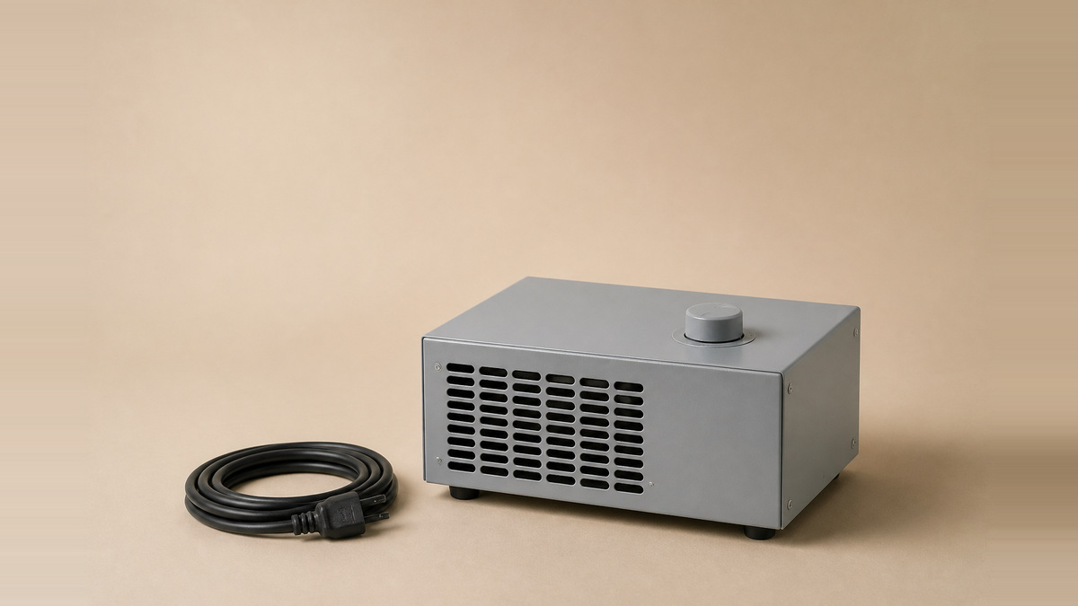 Plain grey portable ozone generator with a metal grille and one control dial, on a beige surface