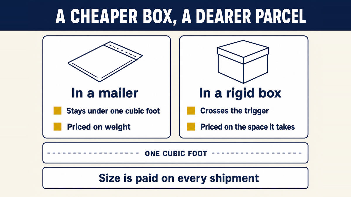 The same product in a padded mailer and in a rigid printed box crossing the one cubic foot trigger, showing the mailer staying under weight pricing while the box moves into space pricing with flat additions