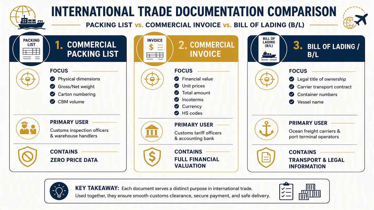 Packing List vs Commercial Invoice vs Bill of Lading Comparison Infographic
