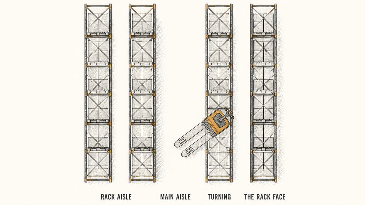 A plan view of a warehouse drawn from directly above as a hand-drawn pen-and-ink engineering plate, showing four rows of pallet racking as long narrow rectangles grouped into two pairs, a main aisle running between the two pairs and a narrower aisle between the rows inside each pair, and a single pallet truck drawn from above in the main aisle at the point where it is turning out of one of the narrow aisles, with its forks trailing at an angle so that it occupies noticeably more width than when travelling straight and its rear corner is drawn close to the rack face beside it, each element with a label underneath