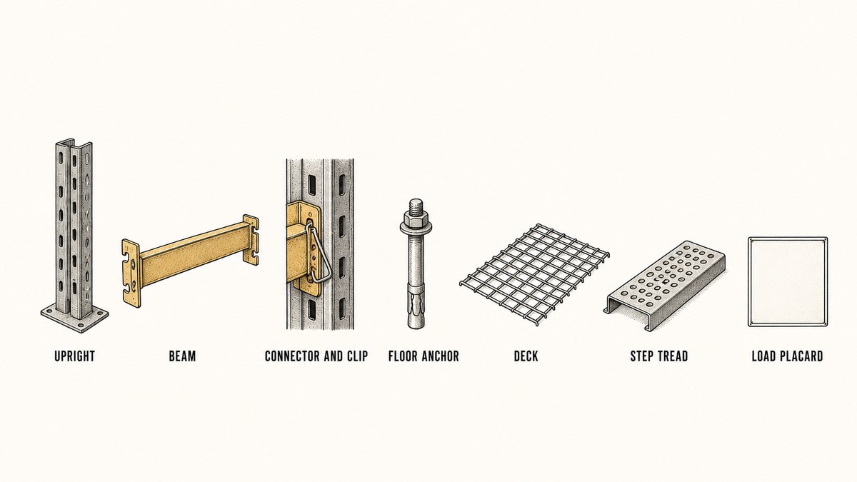 Seven separate pallet racking components drawn in a single row as a hand-drawn pen-and-ink engineering plate, each an isolated object with a label underneath: a slotted steel upright column standing vertically with a welded base plate at its foot, a horizontal beam with a hooked end connector plate at each end, a closer detail of the hooked connector seated into the upright slots with a spring safety clip over it, a plain steel floor anchor bolt with nut and washer, a wire mesh deck panel lying flat, a formed steel step tread with a perforated surface, and a blank rectangular placard with a plain border and no text