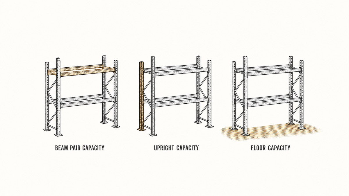 Three views of the same two-bay pallet racking installation drawn in a single row as a hand-drawn pen-and-ink engineering plate, each showing two upright frames joined by pairs of beams at two levels with a soft broad hatching band marking a different part of the load path: the band lying along the top pair of beams only spread evenly between the two uprights, the band running vertically down one upright column towards its base plate, and the band spreading out horizontally below the two base plates into the floor slab, each with a label underneath