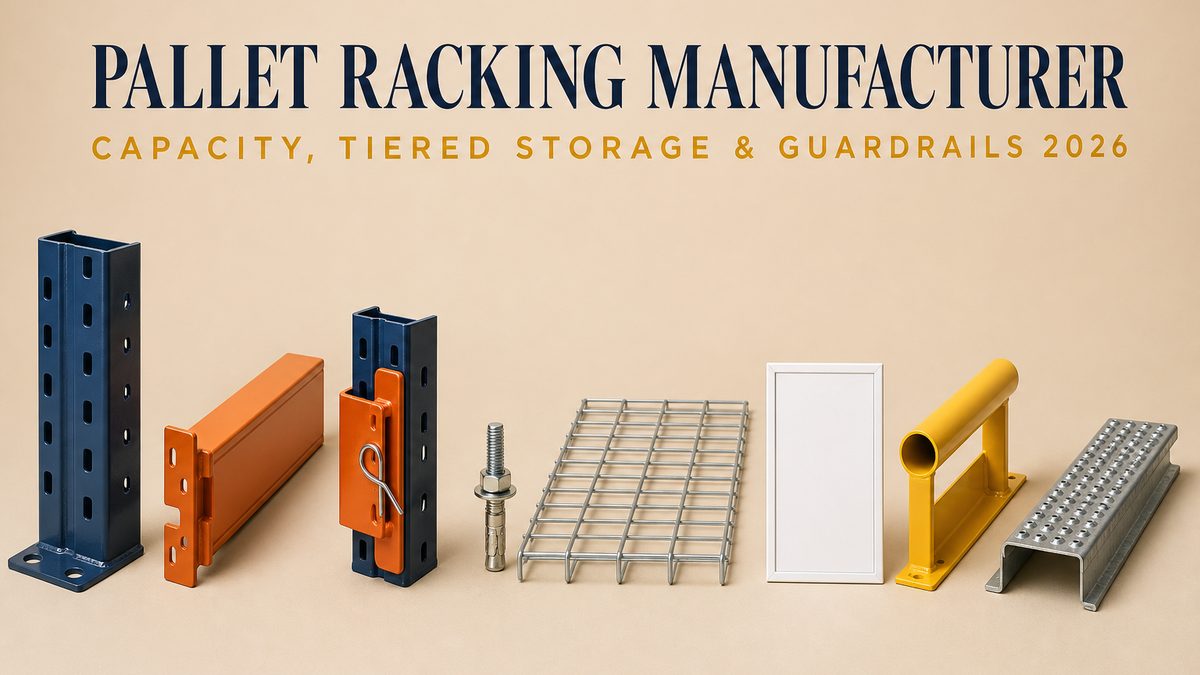 Pallet racking cover: a short cut section of a slotted steel upright column with a welded base plate and two bolt holes, a length of orange powder-coated horizontal beam with a hooked end connector plate, a closer view of a hooked connector seated in the upright slots with a small spring safety clip snapped over the hook, a round-headed floor anchor bolt with nut and washer, a flat wire mesh deck panel, a blank white load placard with a plain border and no text, a cut section of tubular steel guardrail with a toe board plate beneath it, and a short formed steel step tread with a perforated slip-resistant surface, on a pale beige studio surface