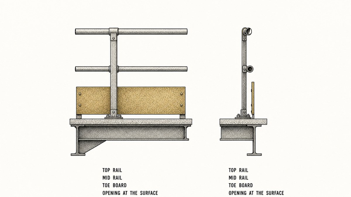 A guardrail assembly drawn face on and end on as two separate detail views in one row of a hand-drawn pen-and-ink engineering plate: the face-on view shows the open edge of a raised steel deck in section with a vertical post, a top rail across the top of the post, a mid rail halfway down, and a flat toe board plate standing on the deck surface with its top edge well above the deck and a small deliberate gap left where it meets the deck; the end-on view shows the same post in section and the toe board standing vertically at the deck edge with a narrow opening visible between the toe board and the walking surface, each view with a label underneath