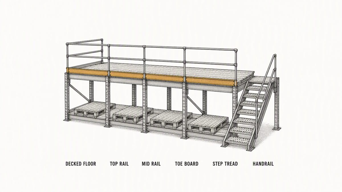 A two-level rack-supported mezzanine platform drawn in three-quarter view as a hand-drawn pen-and-ink engineering plate, showing the steel structure only: pallets on the lower level beams, a solid decked floor spanning the tops of the upright frames above them to form a raised walkway, a tubular guardrail with a top rail, a mid rail and a toe board plate closing the gap at the open edge of that raised floor, and at the right hand end a formed steel stair with perforated treads rising from the ground to the raised floor with a handrail on its open side, each element with a label underneath