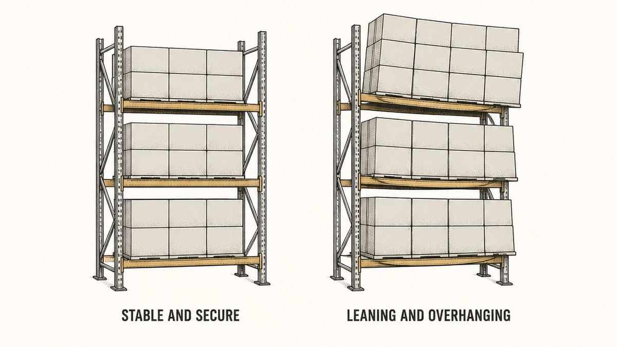 Two steel racking bays drawn side by side in the same three-quarter view as a hand-drawn pen-and-ink engineering plate, each with three levels of beams carrying the same stack of plain rectangular boxes: on the left every box sits squarely over the beams with the stacks rising straight and a clear gap left between the top of each stack and the beam above, and the structure drawn square and undistorted; on the right the boxes overhang the ends of the beams, the stacks are higher with no gap left to the beam above, and one stack leans out to the side with its beam sagging beneath it, each bay with a label underneath