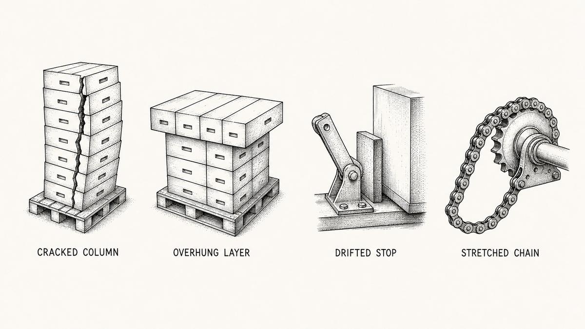 Pen and ink engineering plate showing four palletizer defects in one row with a plain label under each reading Cracked Column, Overhung Layer, Drifted Stop, Stretched Chain