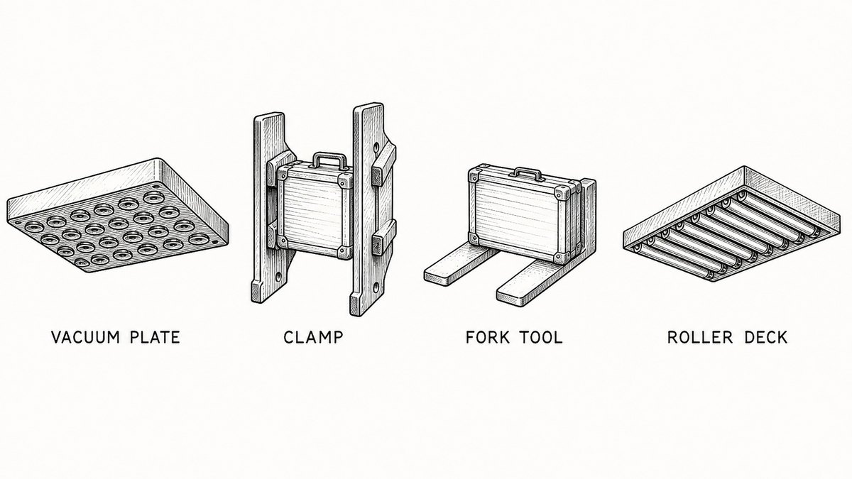 Pen and ink engineering plate showing four end effector tools in one row with a plain label under each reading Vacuum Plate, Clamp, Fork Tool, Roller Deck
