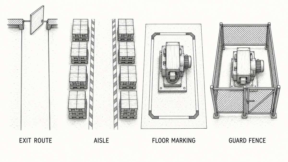 Pen and ink engineering plate showing four layout elements in plan view with a plain label under each reading Exit Route, Aisle, Floor Marking, Guard Fence