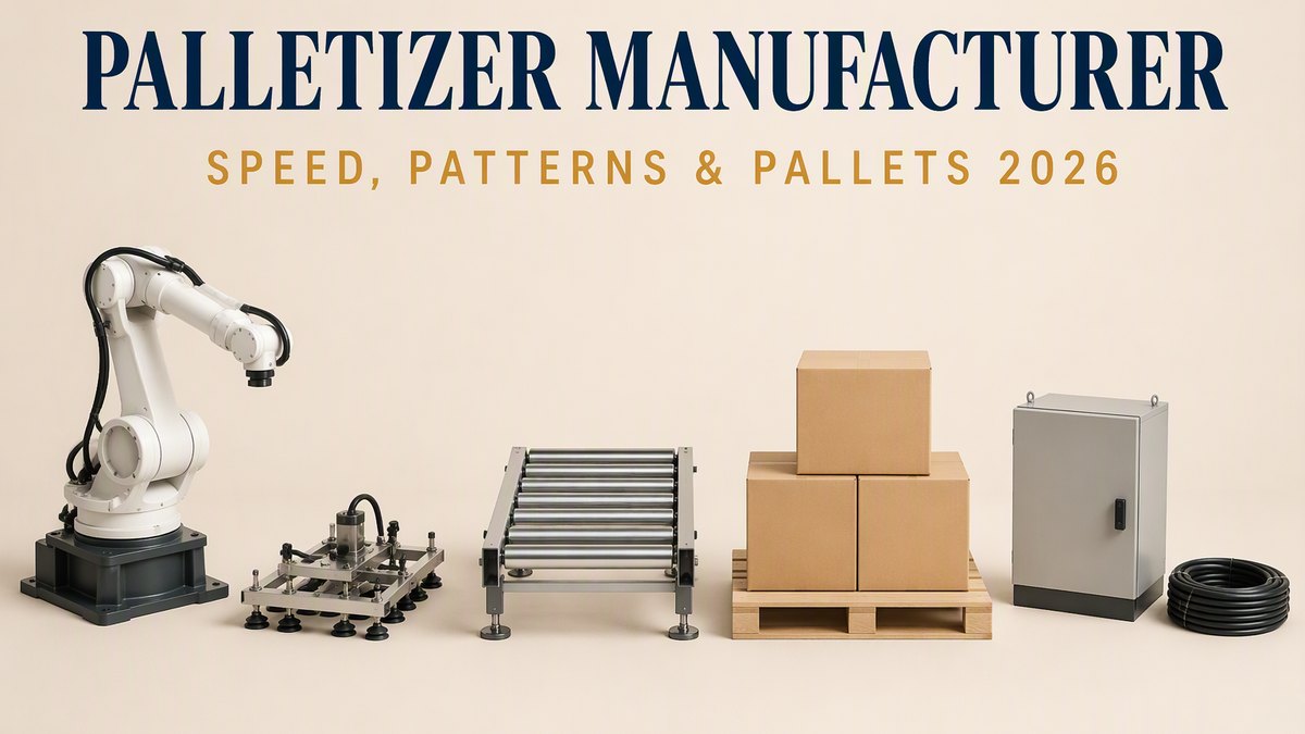 Blog cover showing palletizing equipment on a warm cream background, with a navy serif headline reading Palletizer Manufacturer and an amber subhead reading Speed, Patterns and Pallets 2026