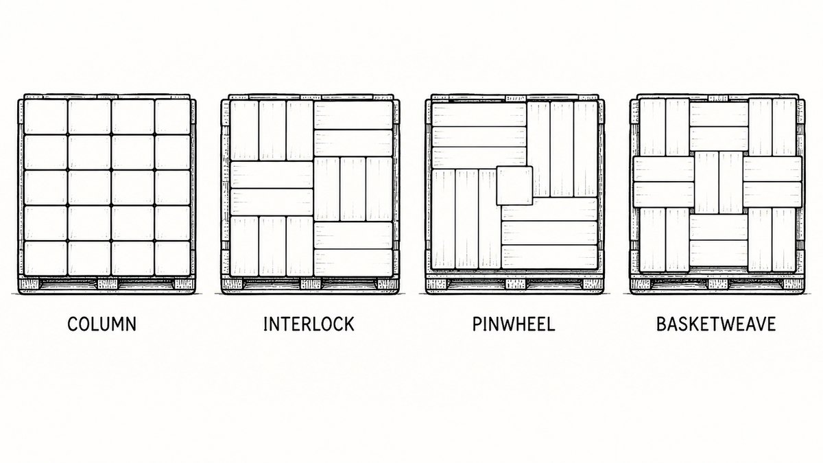 Pen and ink engineering plate showing four pallet stacking patterns in plan view with a plain label under each reading Column, Interlock, Pinwheel, Basketweave