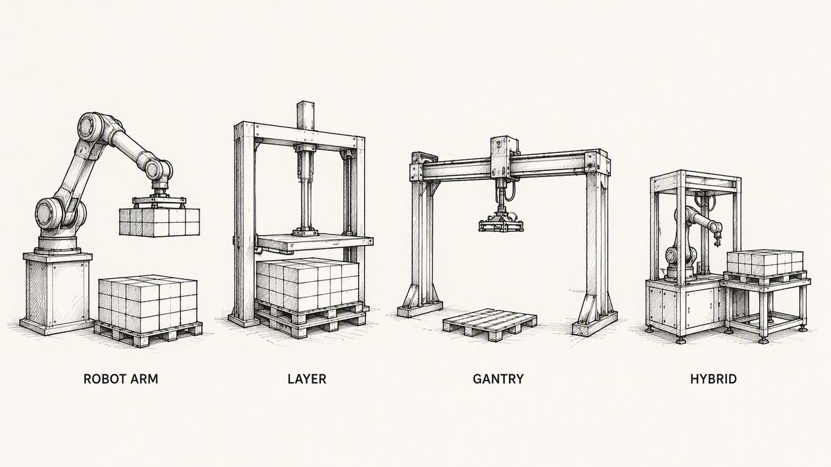 Pen and ink engineering plate showing four palletizer types in one row with a plain label under each reading Robot Arm, Layer, Gantry, Hybrid