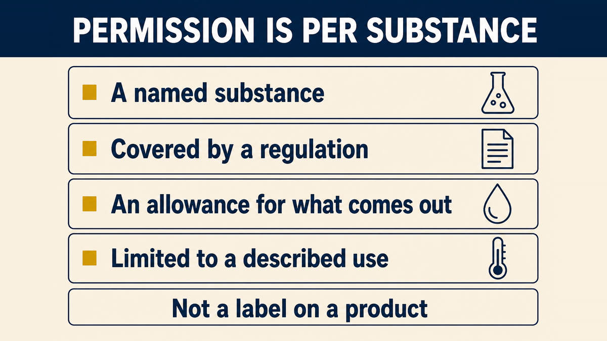 How the material rule is structured: a named substance, the regulation that covers it, an allowance for what may come out of it in use, and a described use it is limited to
