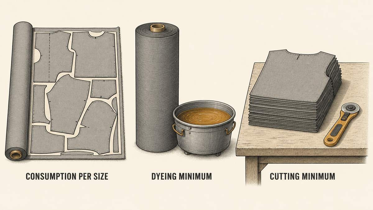 Pet apparel cost structure drawn as three objects: a fabric lay with garment pattern pieces nested tightly together leaving wasted cloth between them, a dyed fabric roll standing beside a small dye bath, and a stack of freshly cut fabric pieces on a cutting table with a rotary cutter