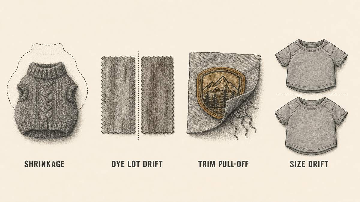 Pet apparel failure modes drawn as four objects: a knitted garment shrunk out of shape after washing, two fabric swatches showing a visible shade difference between dye lots, a decoration pulling away from the fabric it was attached to, and two garments of the same labelled size lying at different lengths