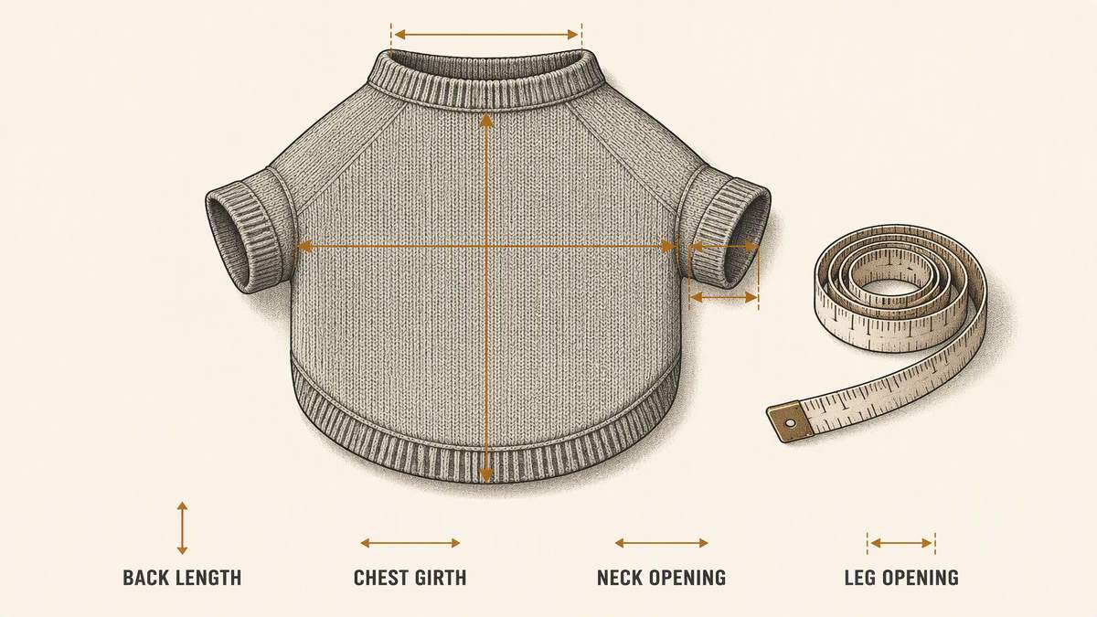 Pet apparel measurement points drawn as four objects: a flat-laid pet garment with dimension lines across the back, around the chest, at the neck opening and at the leg opening, beside a cloth tape measure