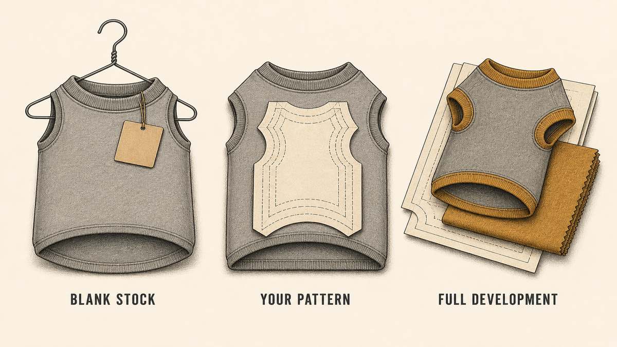 Pet apparel supply routes drawn as three objects: a plain blank pet garment on a hanger with a blank tag, a pet garment with a paper pattern piece showing graded size outlines laid on top of it, and a stack of a pattern sheet, a folded fabric swatch and a finished sample garment