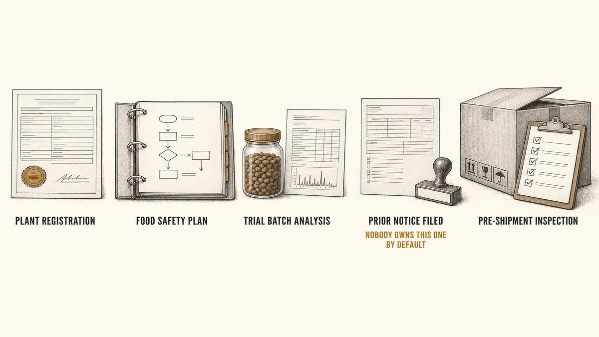 Pet food import checklist drawn as five objects: a registration certificate with a seal, a food safety plan binder with a flow diagram, a sample jar beside a lab report, an official form beside a hand stamp, and an export carton with a clipboard tick-sheet