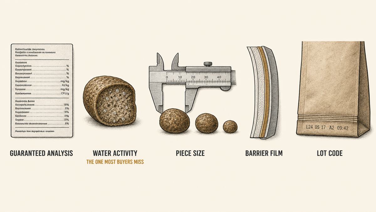 Pet food specification lines drawn as five objects: a printed analysis panel, a halved kibble showing its cross-section, three kibbles beside a caliper, a film cross-section strip and a bag edge with a lot code stamped on it