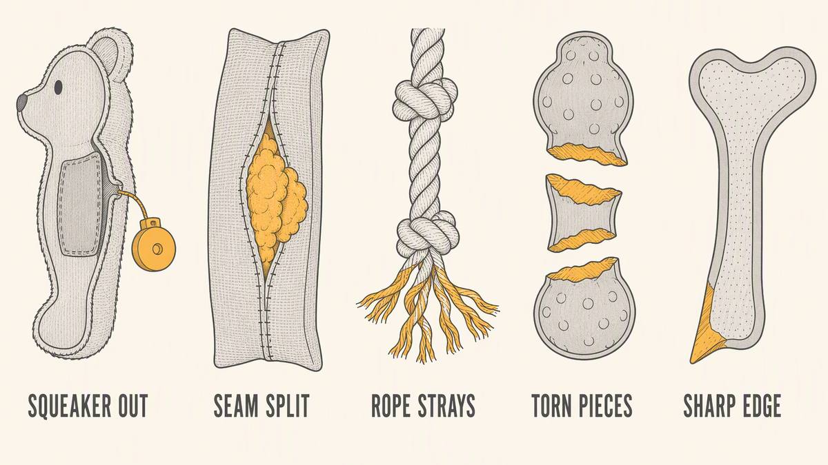 Five pet toy faults shown in section: a squeaker pulled free of a plush toy, a burst seam releasing stuffing, a rope unravelling into strands, a moulded toy torn into pieces and a hard chew holding a sharp edge