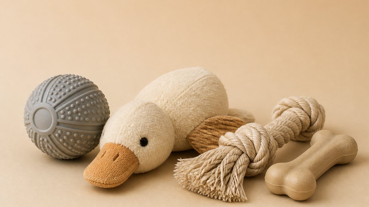 Pet toy sourcing cover: a moulded rubber chew ball, a stitched plush duck, a braided rope toy and a nylon chew bone on a beige studio surface