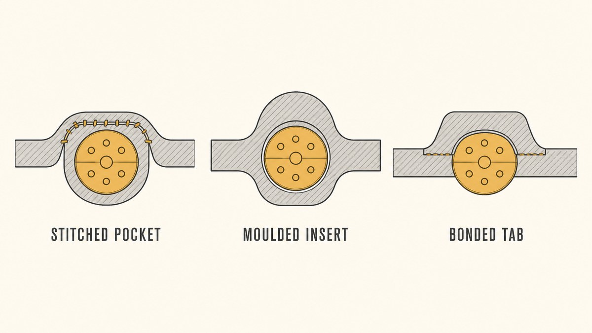 Three ways of holding a squeaker inside a pet toy shown in section: a stitched fabric pocket that forms the weakest hold, an insert moulded into a rubber body that forms the strongest hold, and a separate tab bonded to the fabric between the two