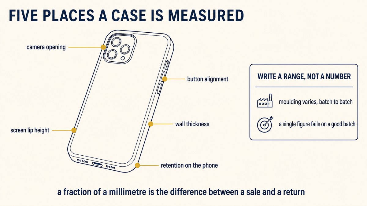Phone case fit measurements: camera opening, button alignment, screen lip height and overall thickness