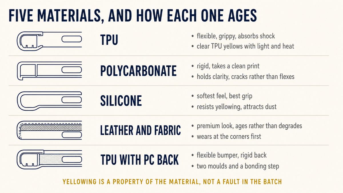 Phone case materials compared: TPU, polycarbonate, silicone, leather and hybrid, with grip, clarity and yellowing