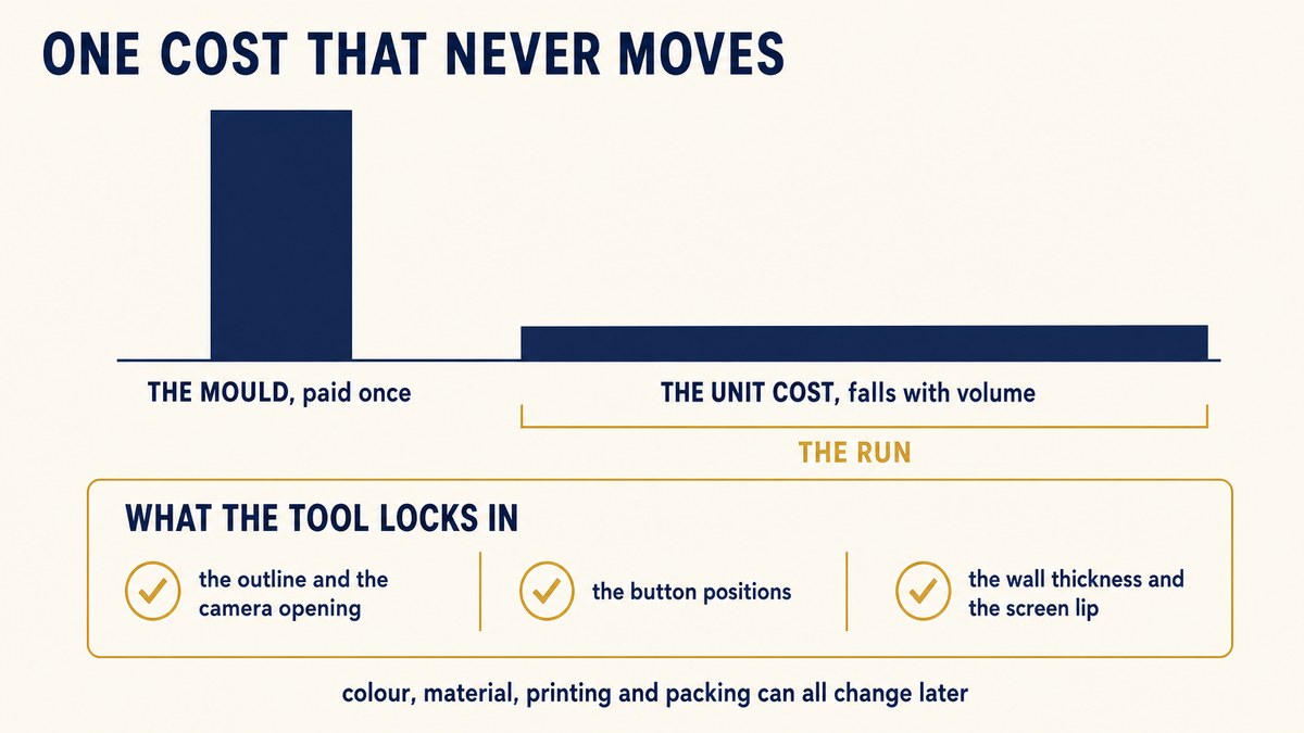 Phone case mould and tooling economics showing cavity count, one-time tooling cost and unit cost falling with volume