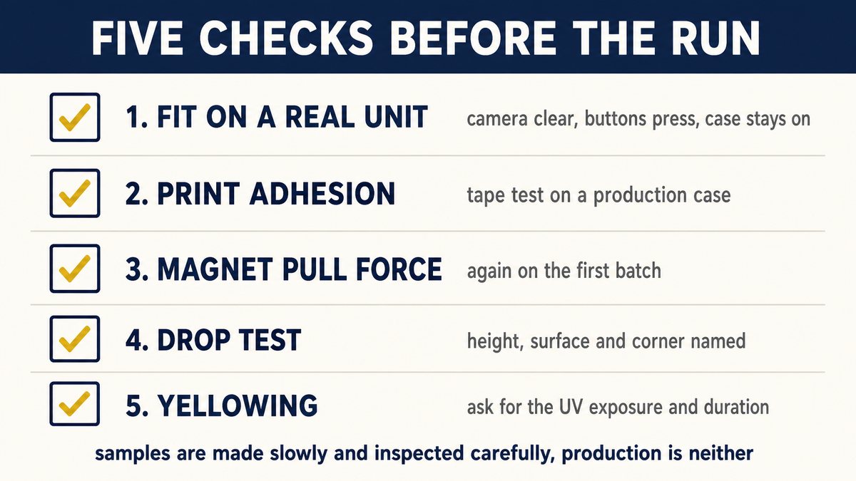 Phone case sample test checklist: fit on a real unit, print adhesion, pull force, drop test and yellowing