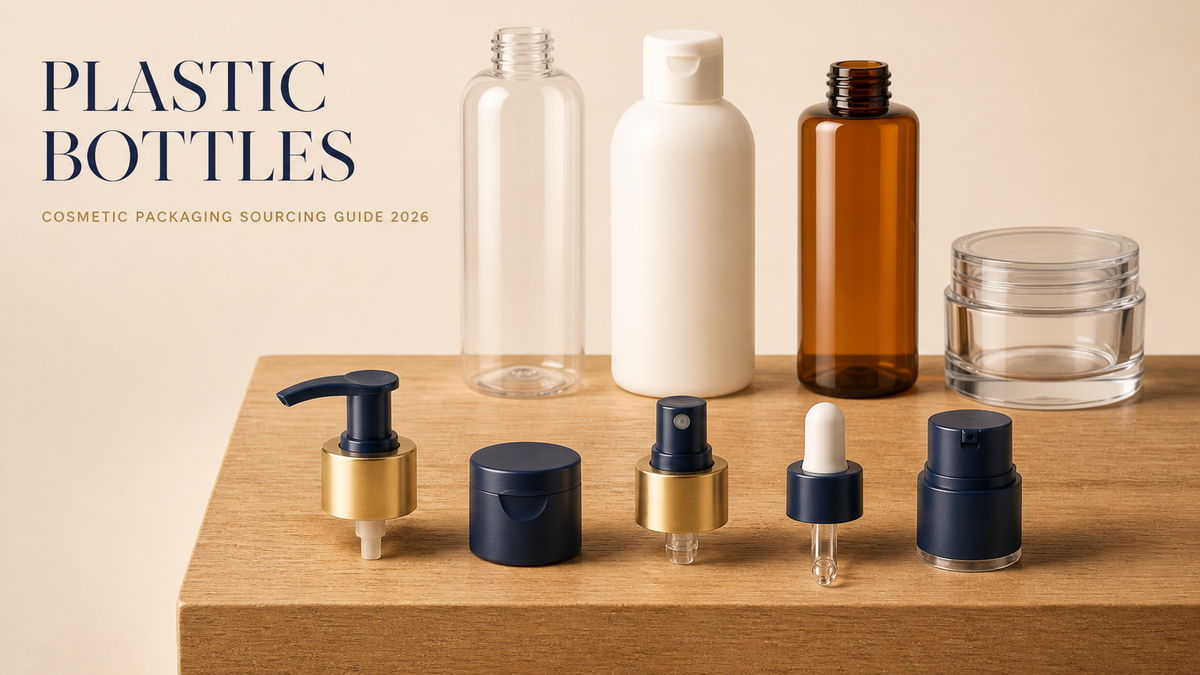 Plastic bottles and cosmetic packaging on a board: PET, HDPE and rPET bottles with pumps, sprayers and droppers