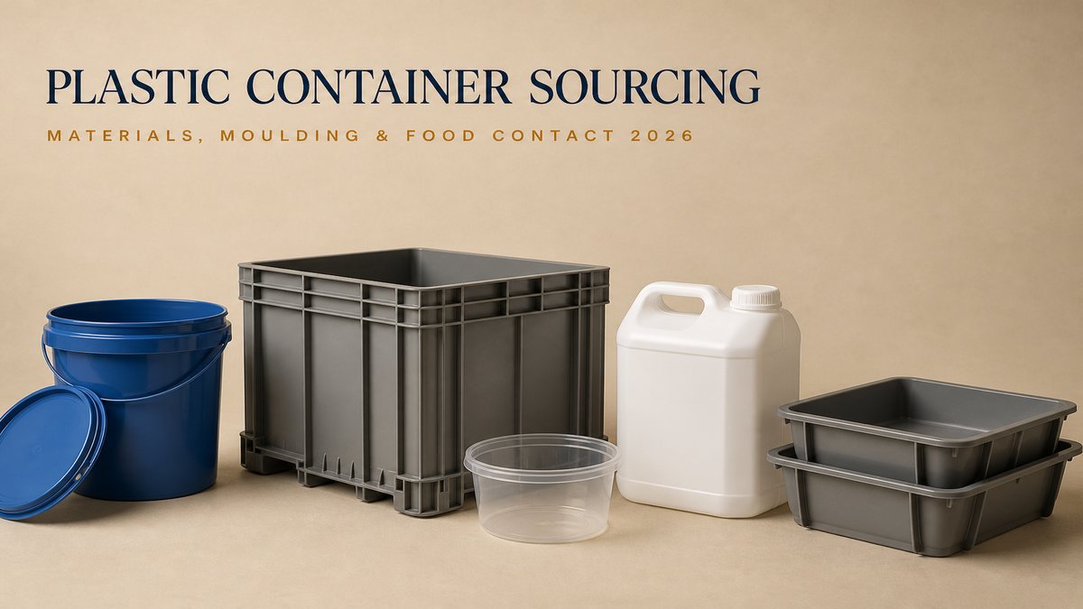 Plastic container sourcing cover: an injection moulded pail with its lid, a heavy industrial tote, a thin-wall tub, a blow moulded jerrican and a stack of nesting trays on a beige studio surface