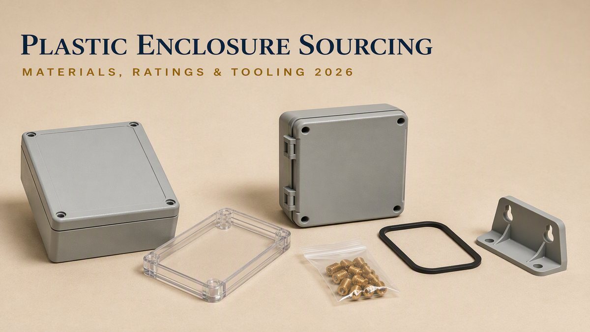 Plastic enclosure sourcing cover: a grey ABS instrument enclosure, a transparent polycarbonate lid, a hinged junction box, a black gasket seal ring, brass threaded inserts and a wall-mounting bracket on a beige studio surface