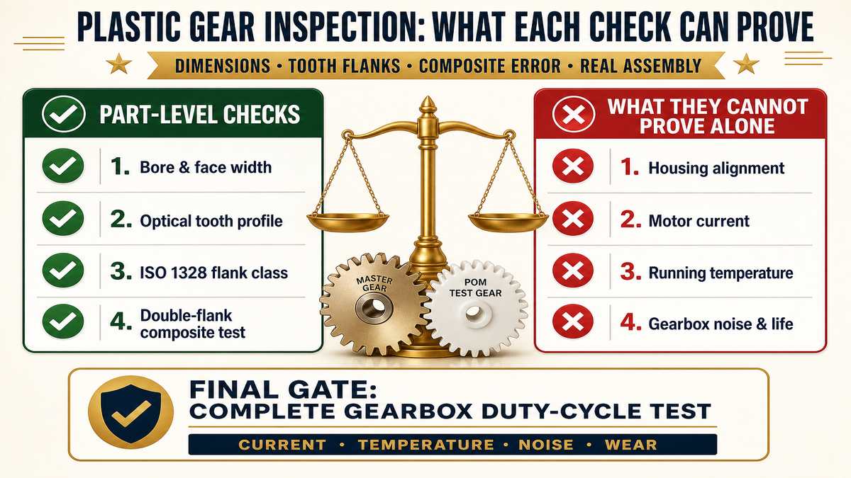 Plastic gear inspection using bore gauges optical projection and double flank roll testing