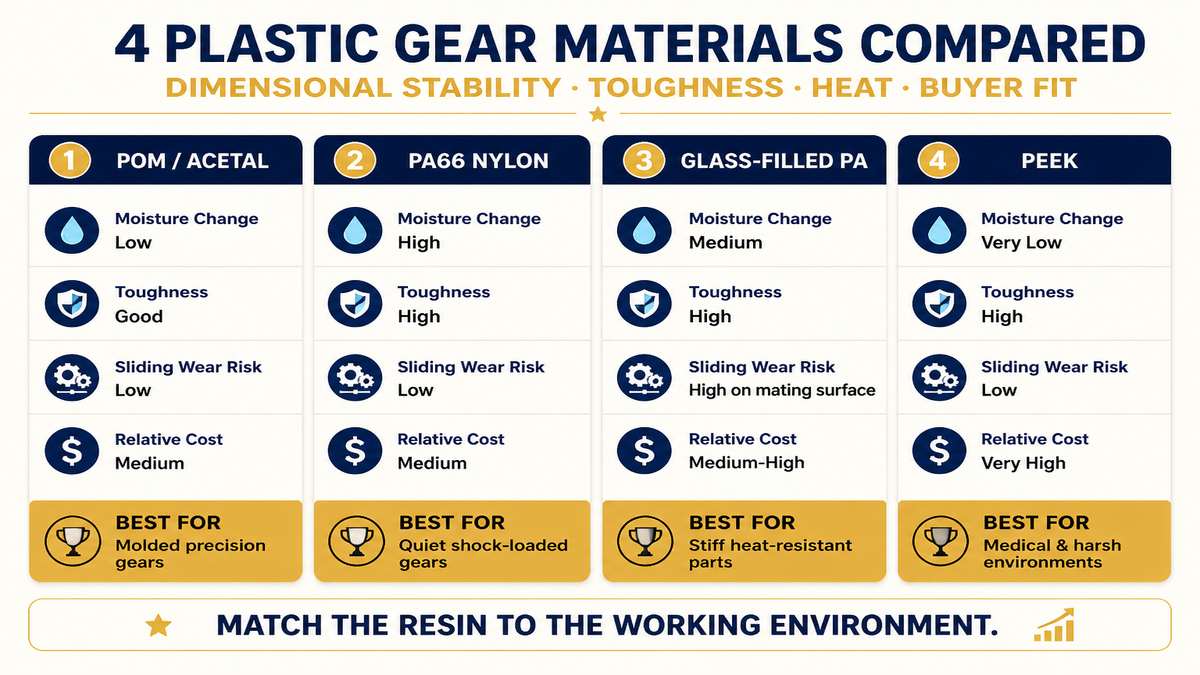 POM, nylon, PEEK and polycarbonate gear material comparison