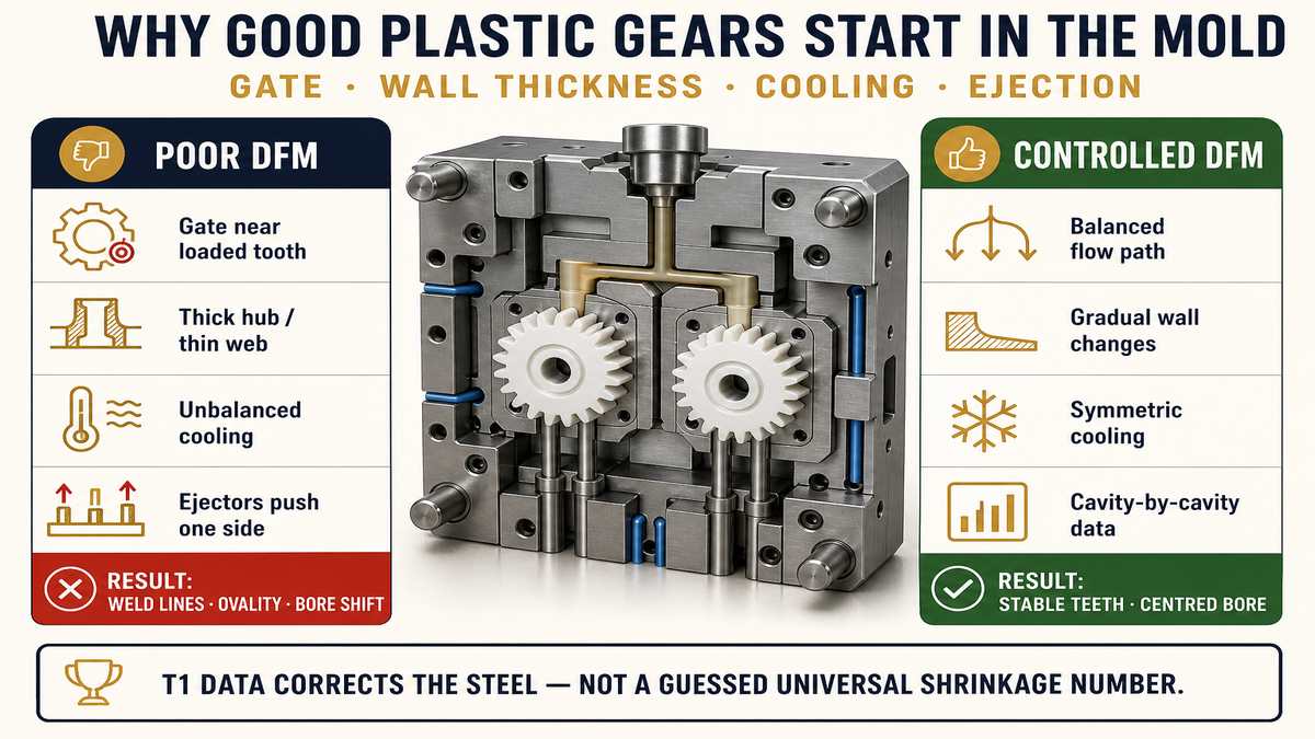 Plastic gear mold DFM showing gate location shrinkage and bore runout risks