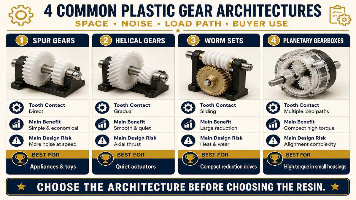 Plastic spur, helical, worm and planetary gear types and use cases