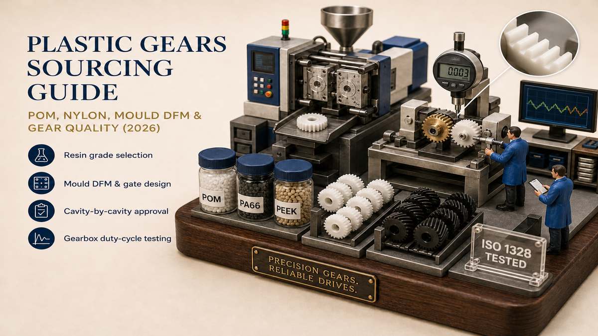 Plastic gear sourcing guide showing spur, helical, worm and planetary gear mechanisms