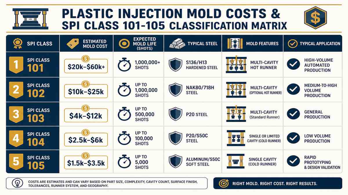 Plastic Injection Mold Costs and SPI Class 101 to 105 Classification Matrix Infographic