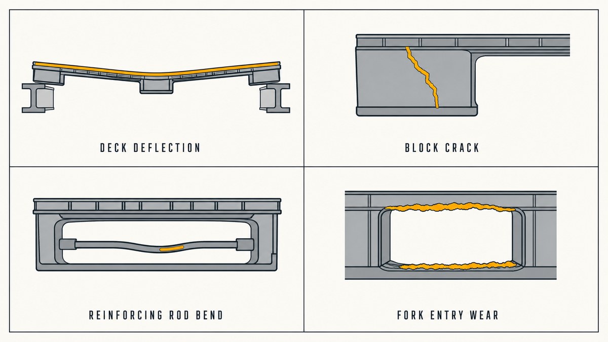 Four plastic pallet failure modes: a sagging deck in a rack, a cracked block at the base, a bent or missing reinforcing rod and impact damage at the fork entry