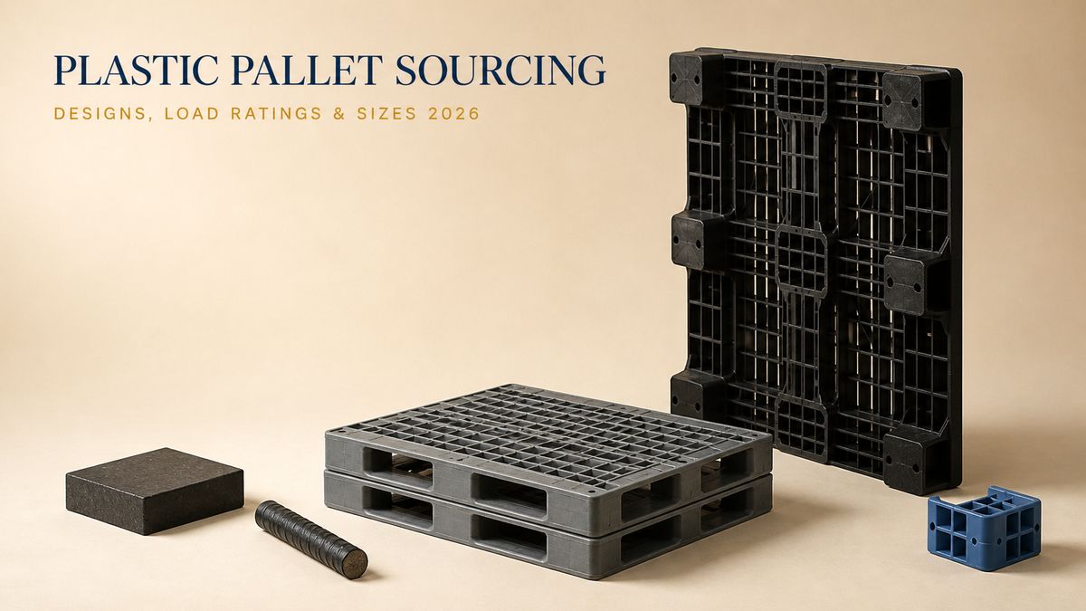 Plastic pallet sourcing cover: black and blue industrial plastic pallets, a nestable stack, an HDPE material sample and a pallet runner on a beige studio surface