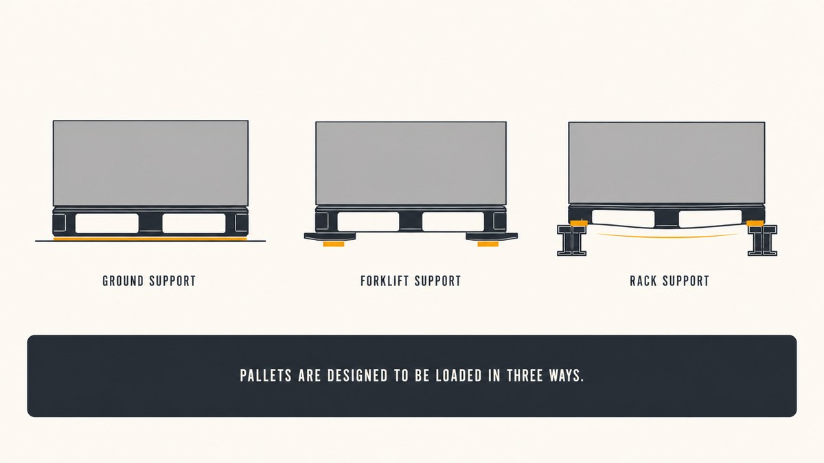 Three plastic pallet loading conditions compared: ground support on a floor, forklift support on forks and rack support spanning between two rack rails
