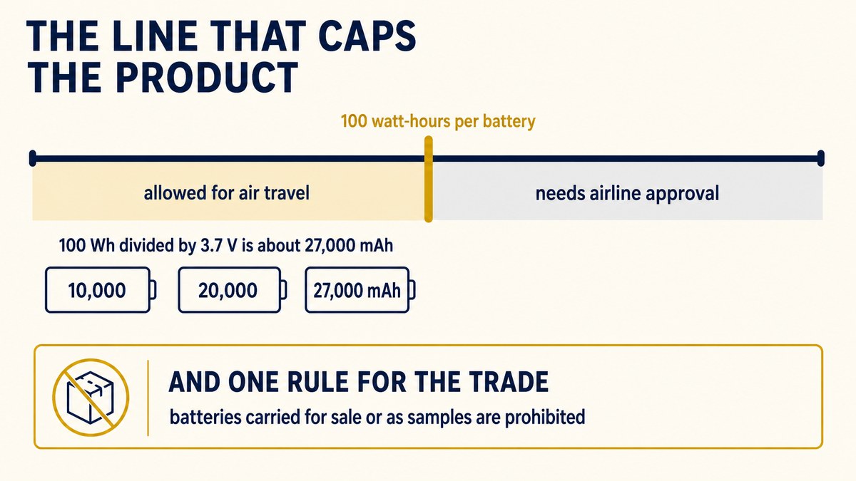 The 100 watt-hour air travel limit applied to power bank capacity, showing the milliamp-hour ceiling at cell voltage