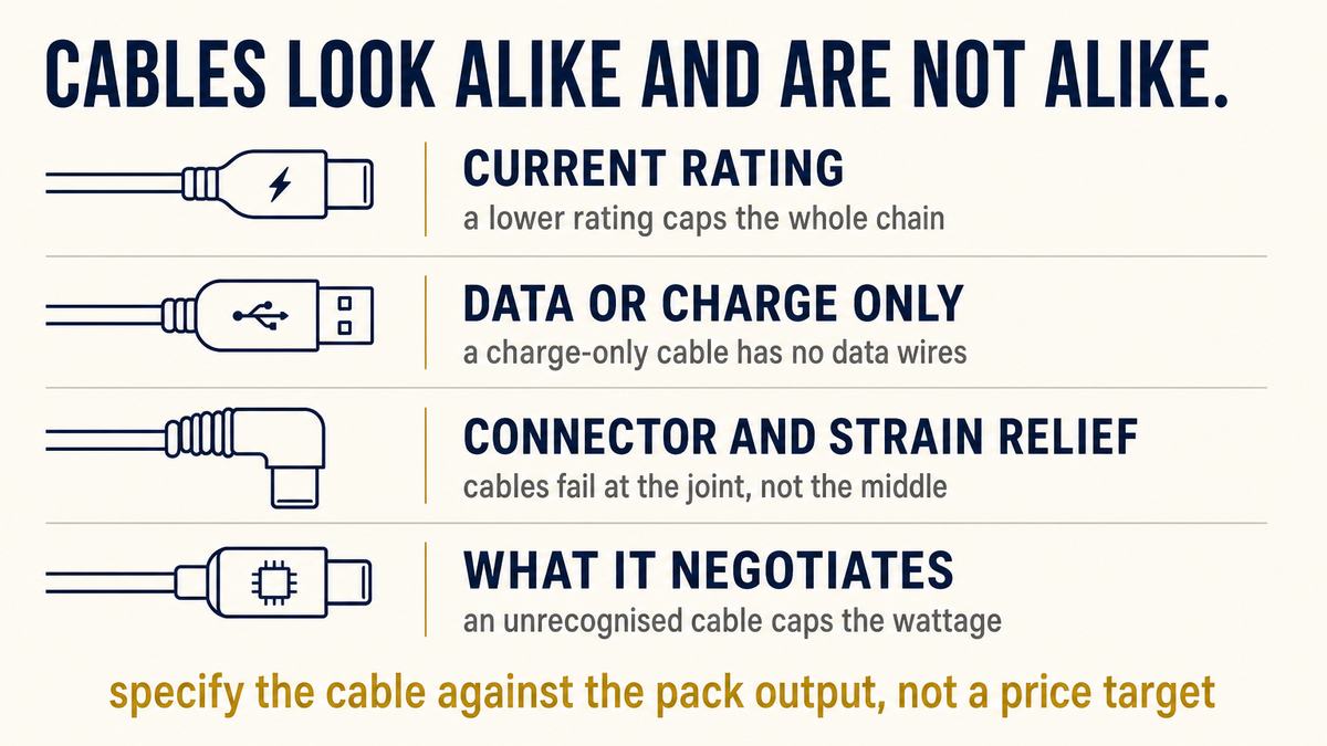 Charging cables compared by current rating, data speed and whether the cable is charge-only or carries data