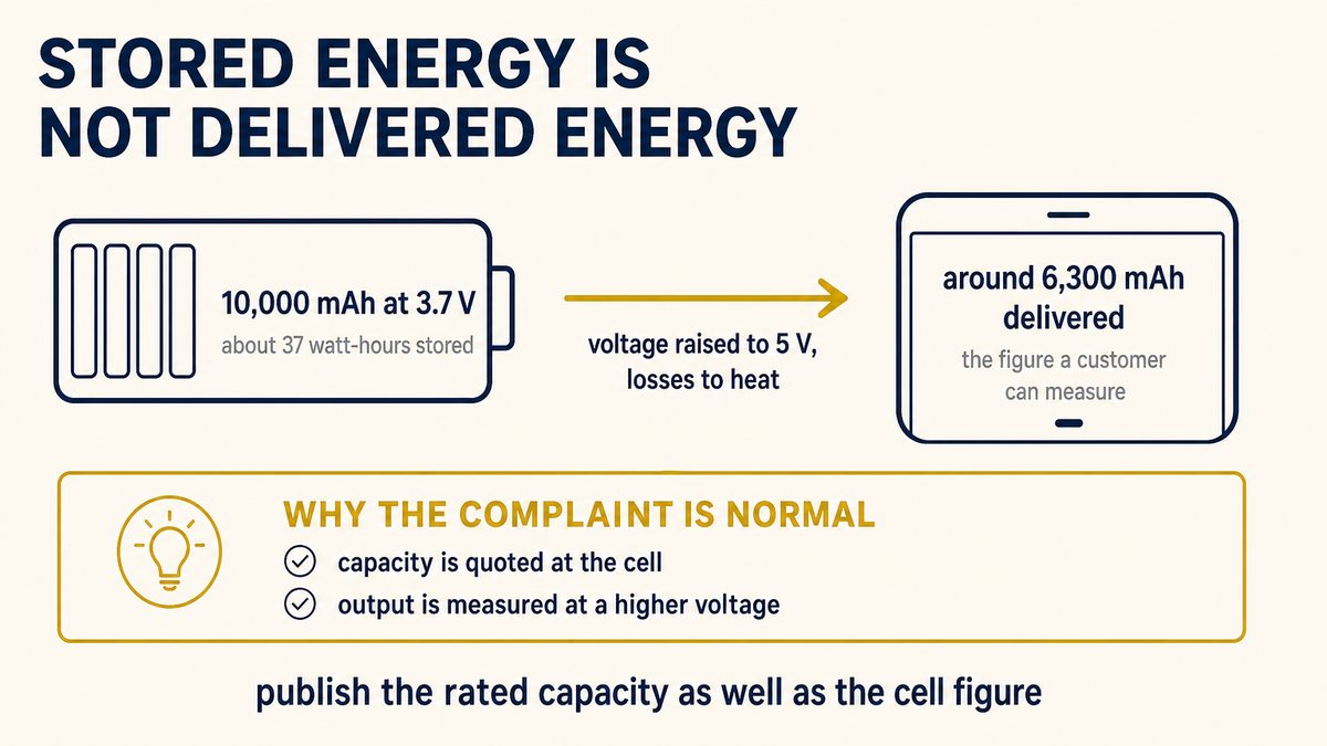 Power bank capacity explained: stored watt-hours converted to delivered milliamp-hours at five volts, showing the conversion gap