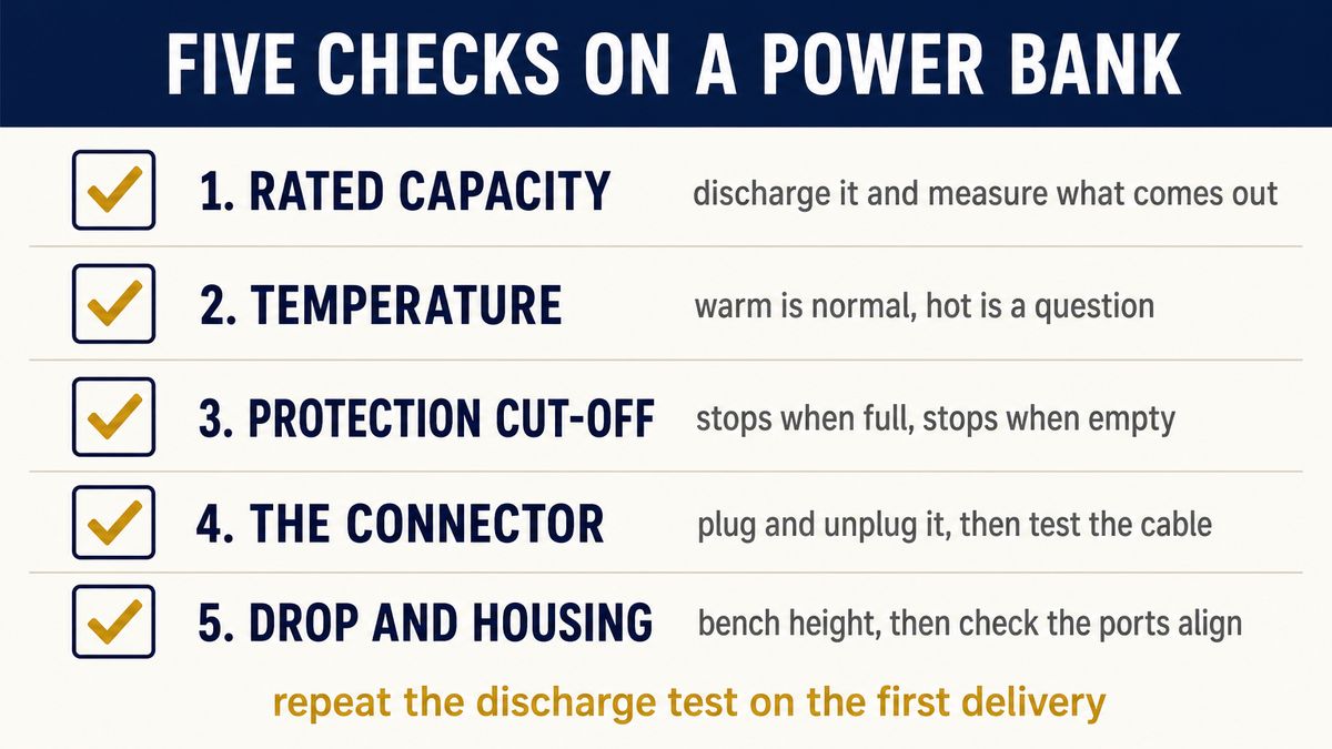 Power bank sample test checklist: rated capacity discharge test, temperature rise, protection cut-off, connector durability and drop
